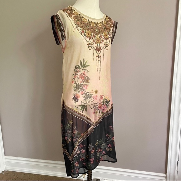 Desigual Elo Sheer Floral Chiffon Flapper Bejeweled Neckline Midi Knee Dress - S - Picture 3 of 14